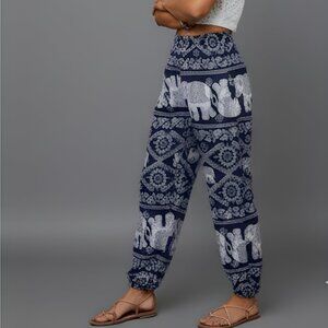 Boho Elephant Print Carrot Pants Blue